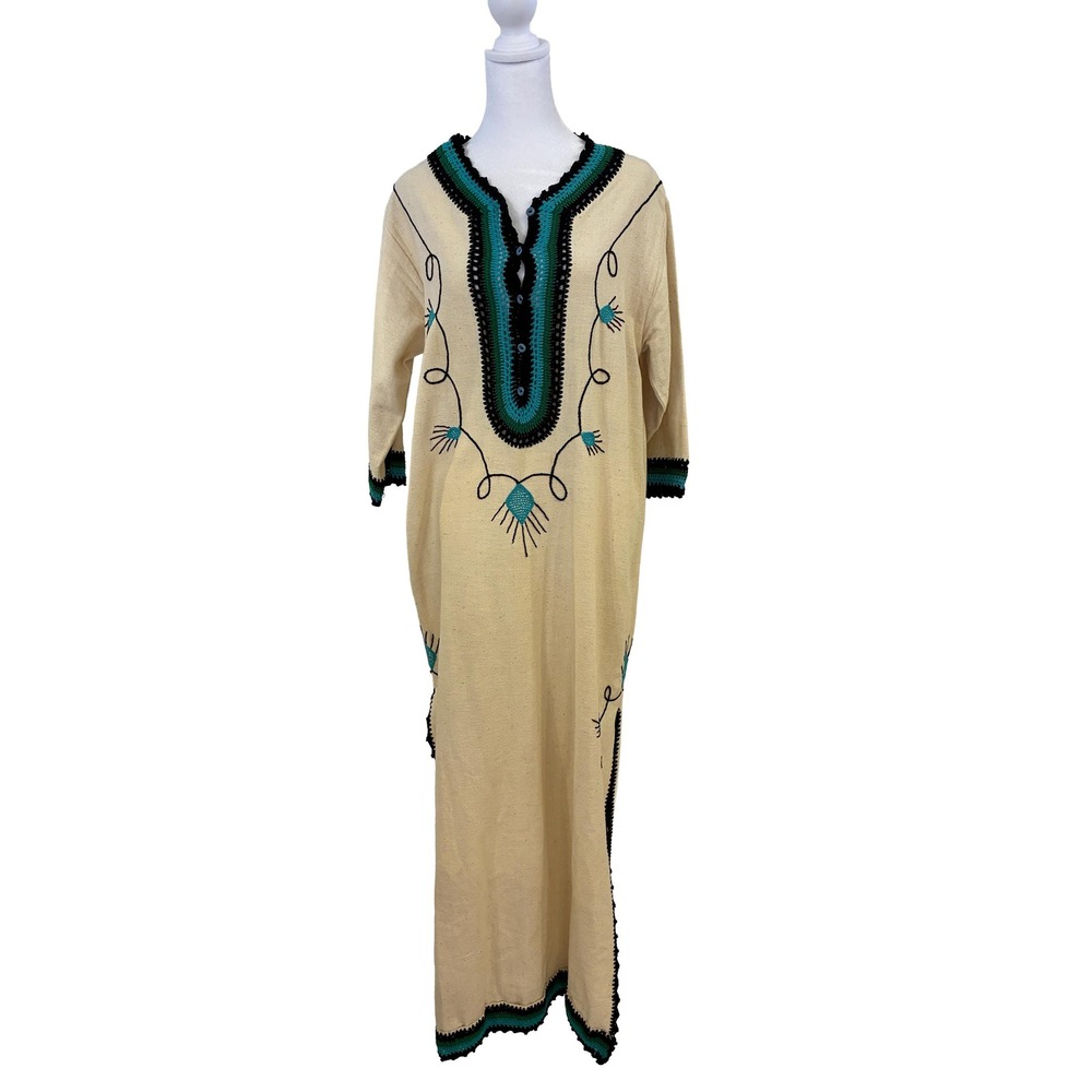 Vintage 1970s Caitela Colombian Kaftan Dress Handwoven Cotton Crochet Trim LG